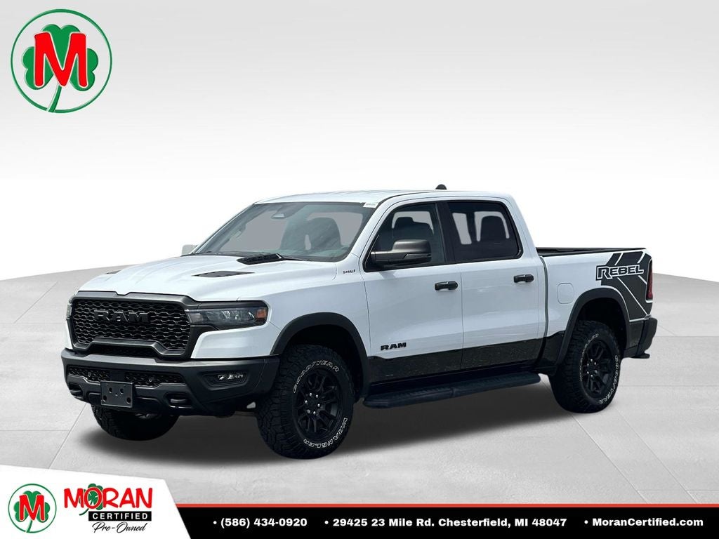 2025 RAM 1500 Rebel in Bright White — front three-quarter view