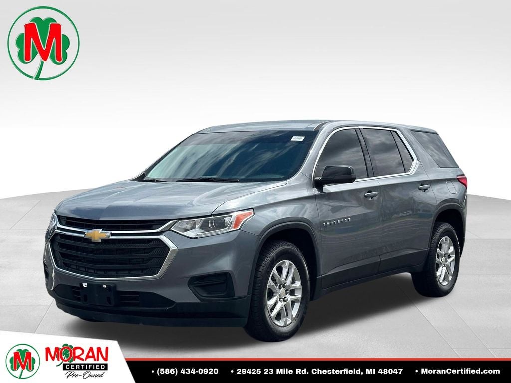 2021 Chevrolet Traverse LS in Steel Metallic — front three-quarter view