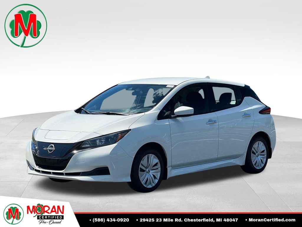 2025 Nissan Leaf S in Glacier White — front three-quarter view