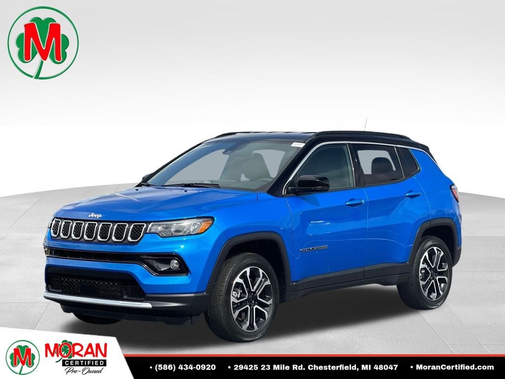 2023 Jeep Compass Limited in Laser Blue — front three-quarter view