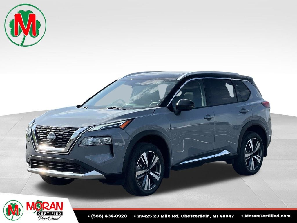 2023 Nissan Rogue Platinum in Boulder Gray — front three-quarter view